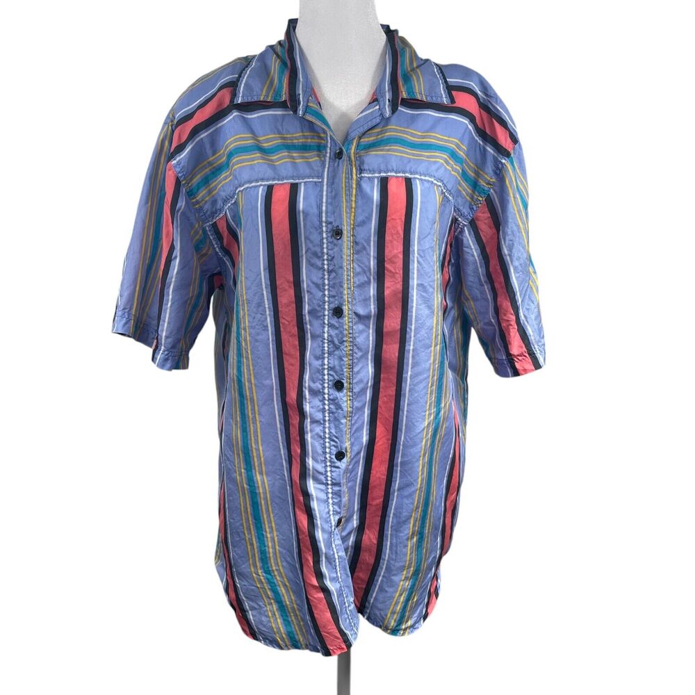 VTG 80s CROQUET 100% Silk Button-up Top Blue Striped Blouse Sz M Slimming Boho